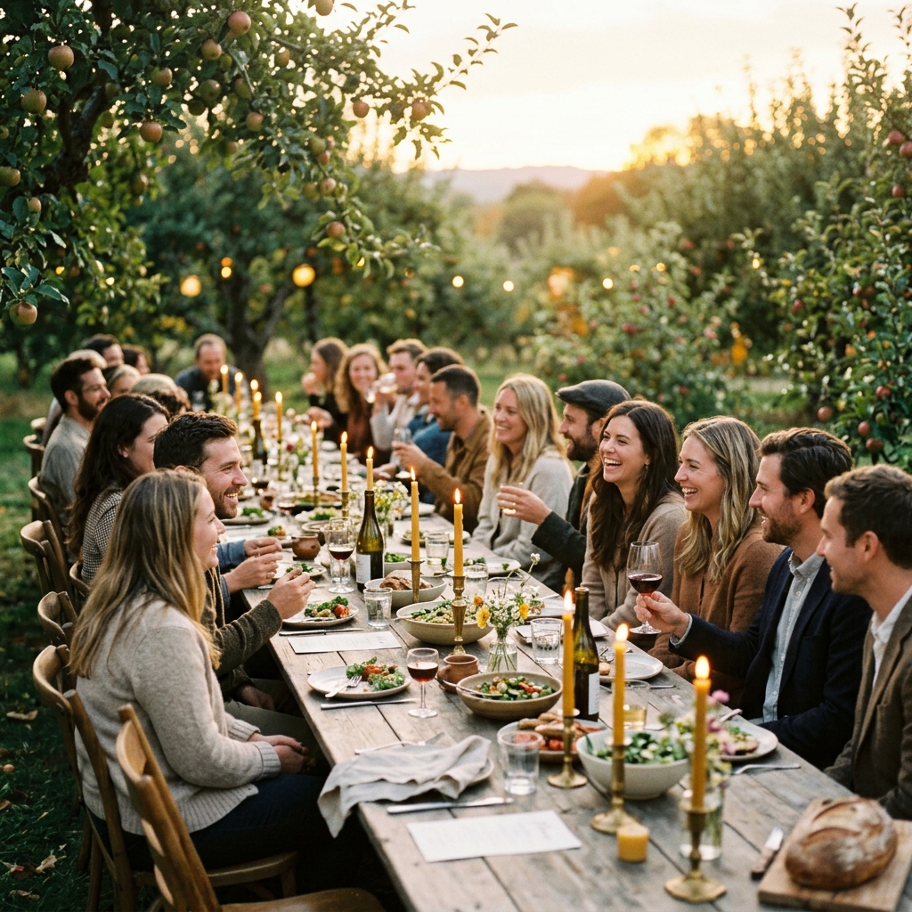 Intimate long dining table set outdoors in a rustic orchard at golden hour sunset