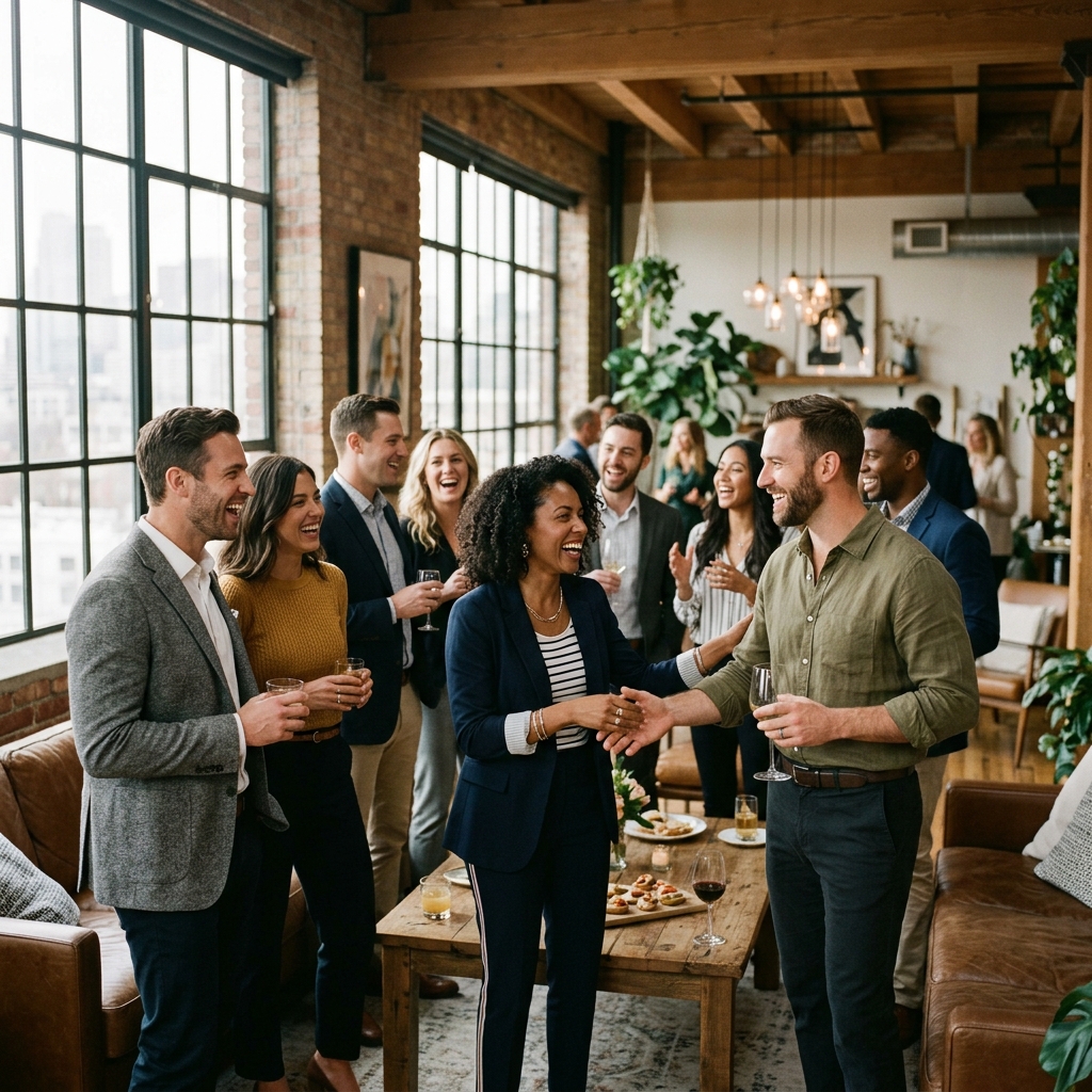Welcoming community host greeting guests at an intimate loft networking event
