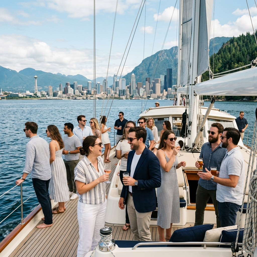 Group of friends enjoying a sunset boat cruise on a lake with Seattle skyline in the distance