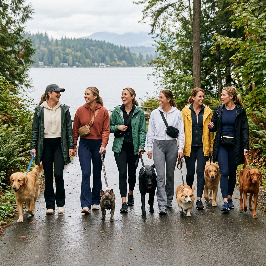 Community members gathering with their pet dogs at a park event
