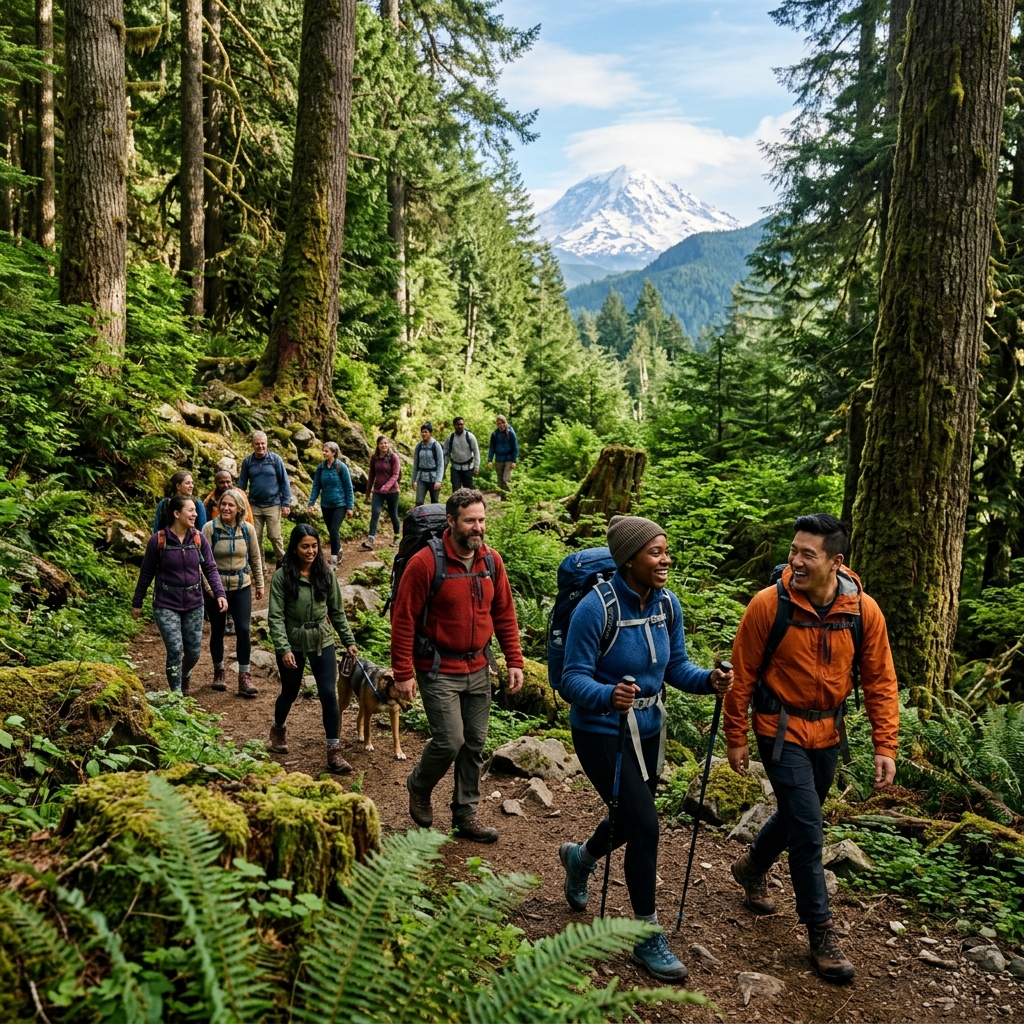 Group of active members hiking on a scenic mountain trail