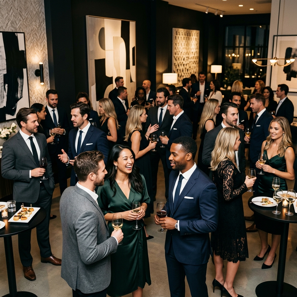 Professionals in formal attire mingling at an upscale networking event