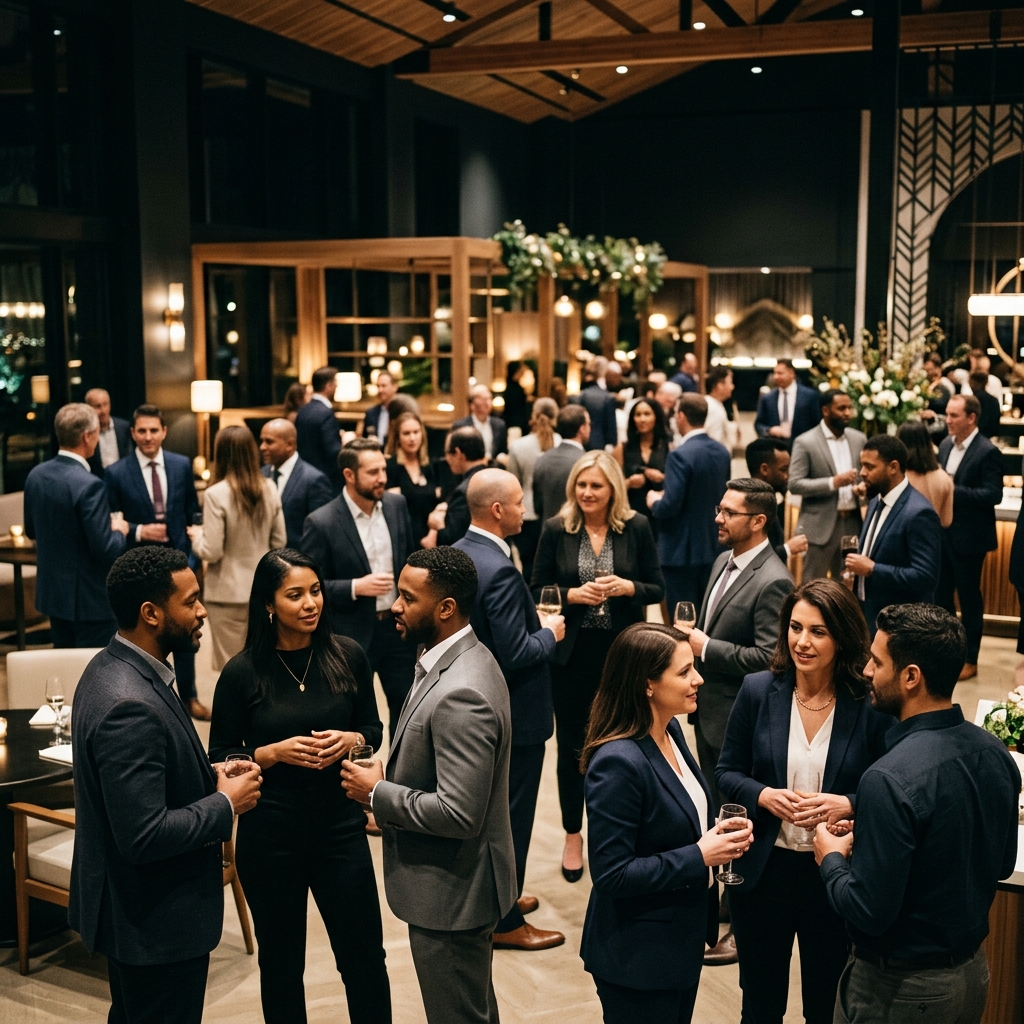 Professionals networking in a modern, professional setting