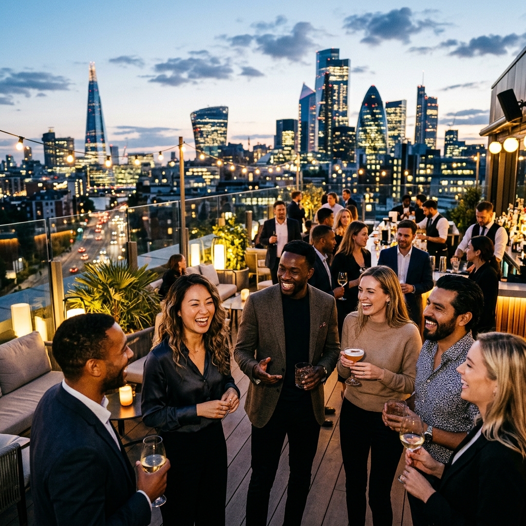 Diverse group of young professionals networking at an upscale rooftop event at night