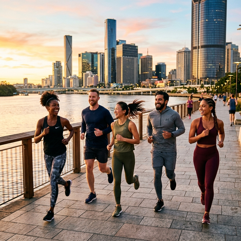 Diverse and stylish running club group on a waterfront city path at sunrise