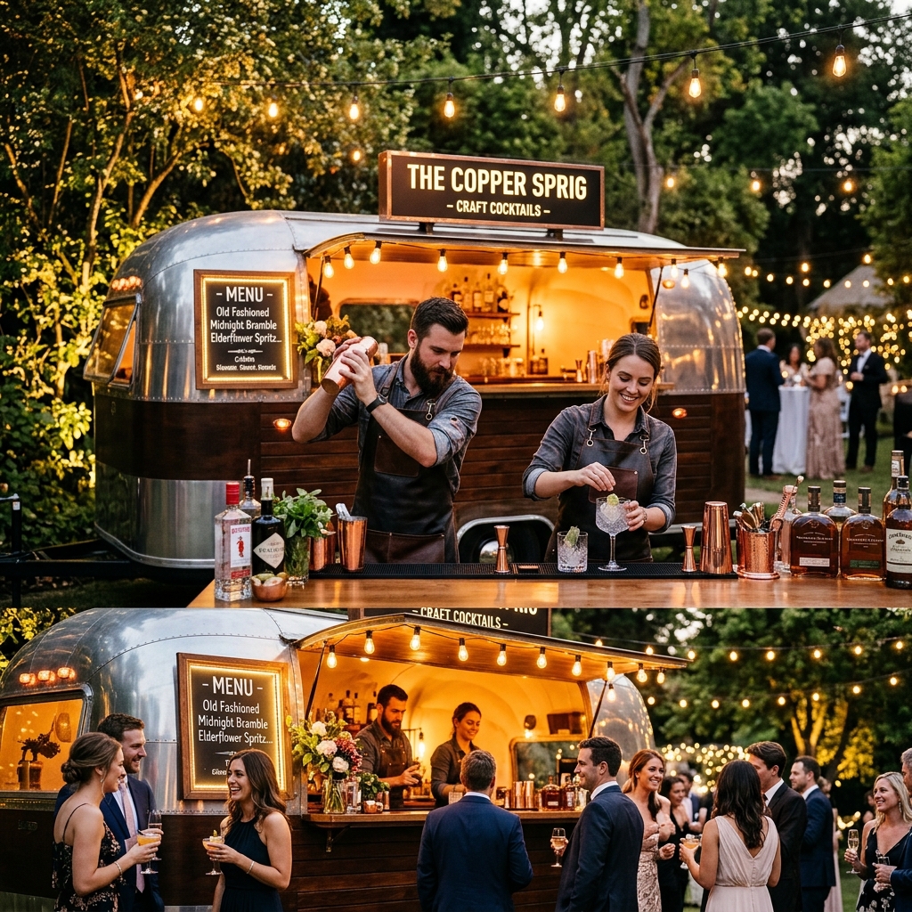 Vintage Airstream mobile cocktail bar set up at an outdoor evening event