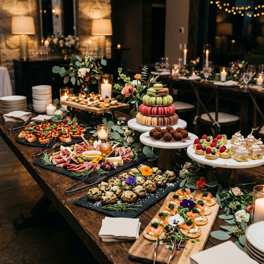 A beautifully arranged gourmet catering buffet spread with diverse bites and appetizers at an event