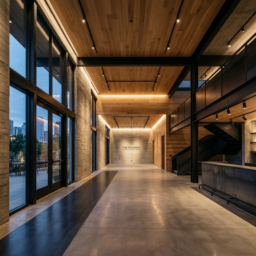 Empty architectural concrete event loft space ready for booking